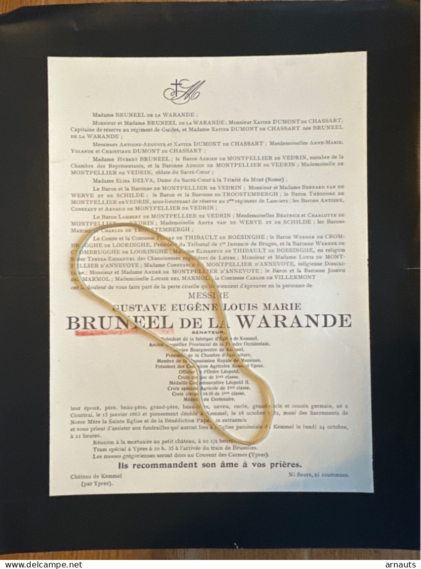 Messire Gustave Bruneel De La Warande Senateur *1863 Courtrai +1932 Kemmel Chateau Ypres Bourgmestre De Montpellier Vedr - Obituary Notices