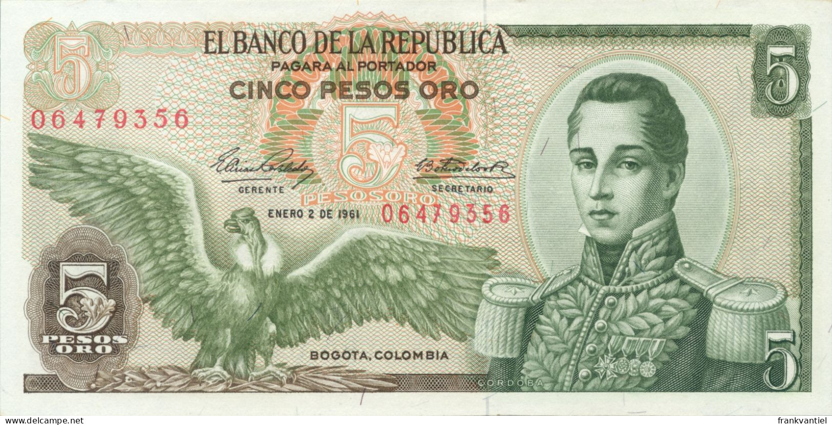 Colombia P-406a 5 Pesos 1961 UNC - Colombie