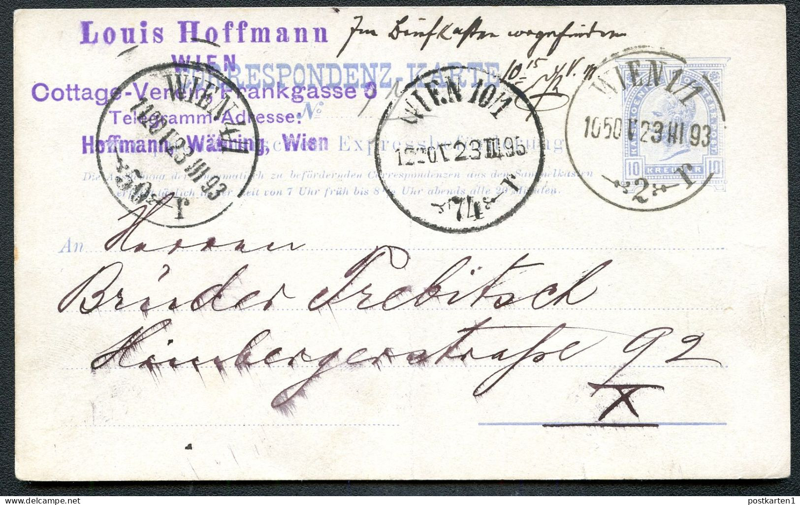 Rohrpost-Postkarte RP14bI Wien 1/1 1893 Kat.10,00€ - Cartoline