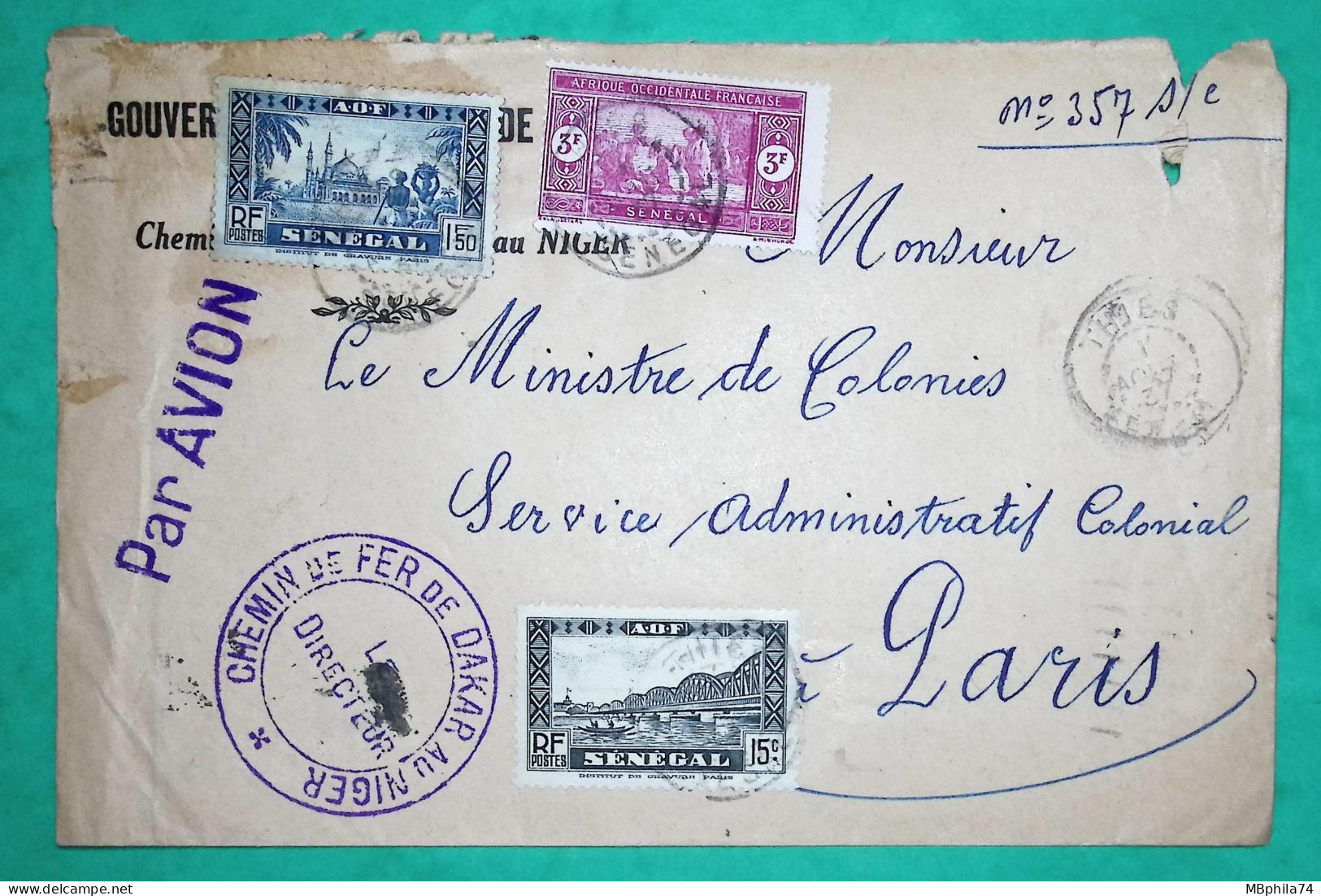 LETTRE PAR AVION SENEGAL AOF CHEMIN DE FER DAKAR AU NIGER DEPART THIES POUR PARIS 1937 COVER FRANCE - Posta Aerea