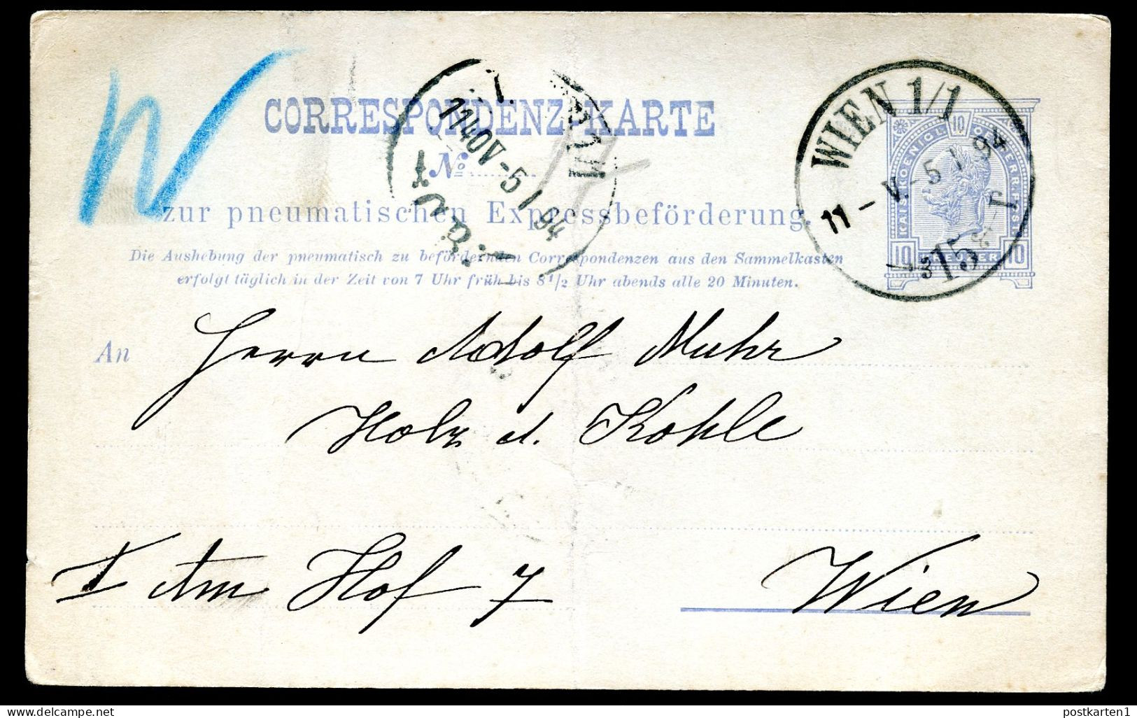 Rohrpost-Postkarte RP14bI Wien 1/1 1894 Kat.10,00€ - Briefkaarten