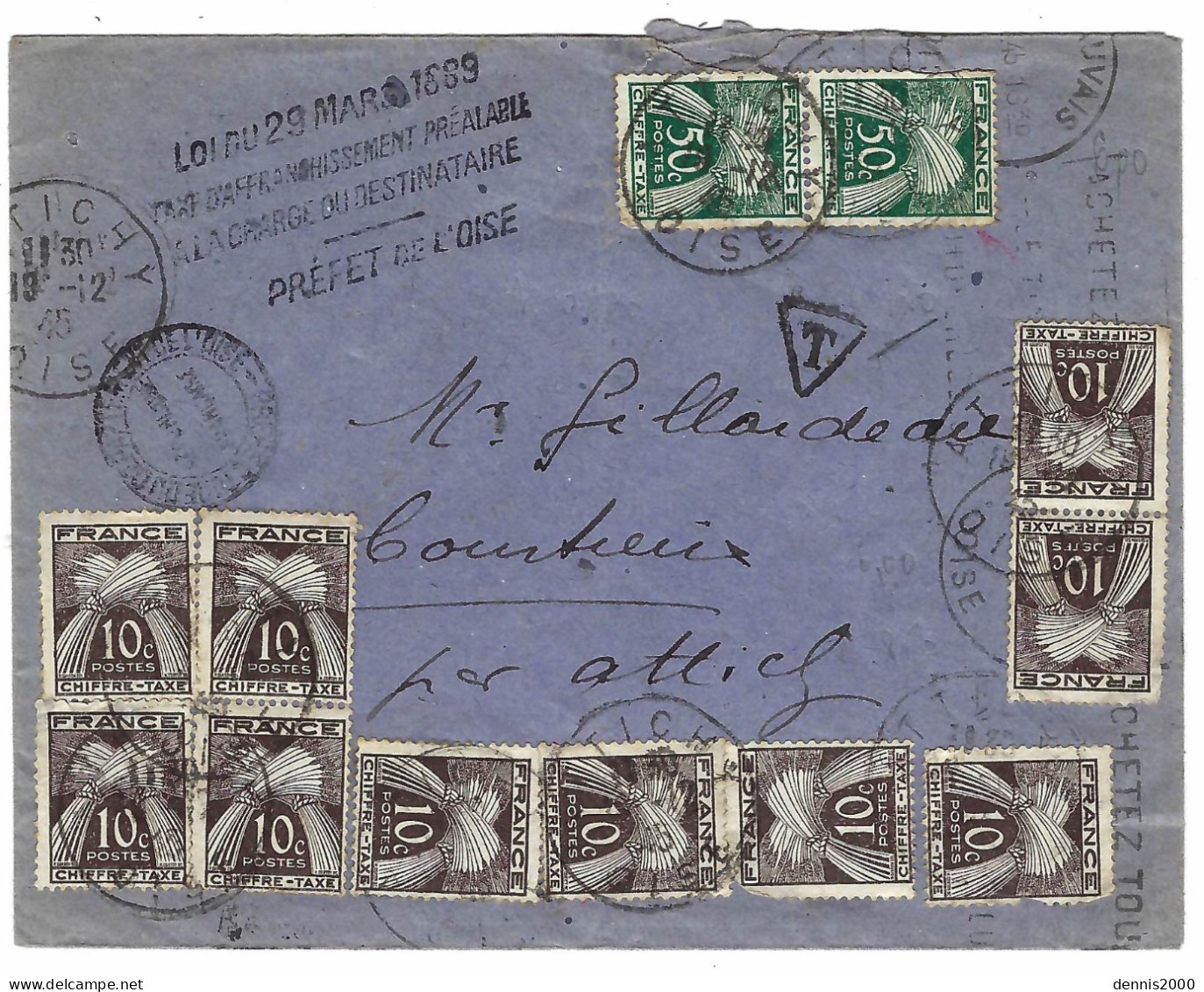 1945 - Enveloppe D' Attigny ( Oise ) TARIF à 2 Fr. En Simple TAXE Superbe Affranchissement ! - 1859-1959 Brieven & Documenten