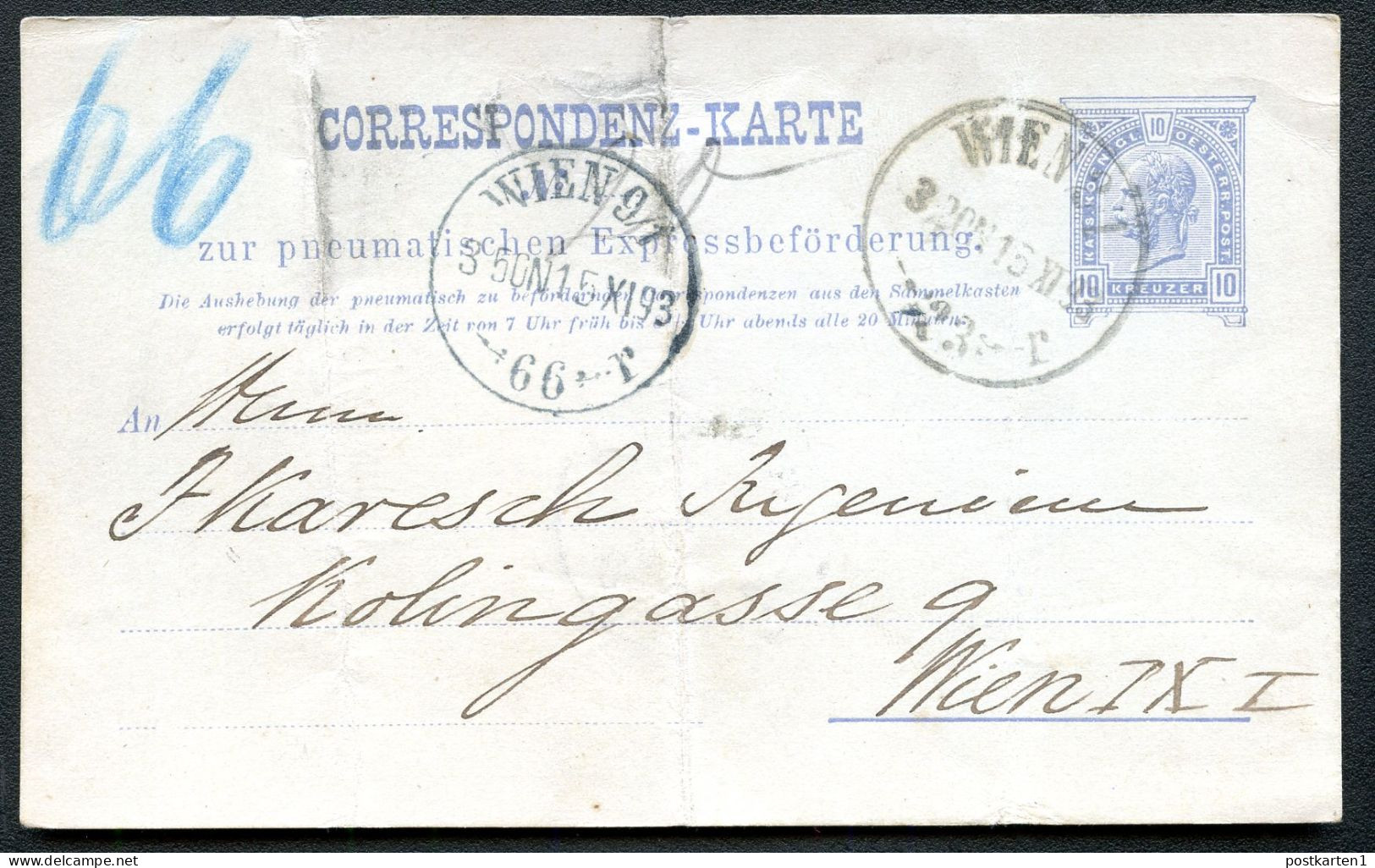 Rohrpost-Postkarte RP14bI Wien 2/1 1893 Kat.10,00€ - Cartes Postales