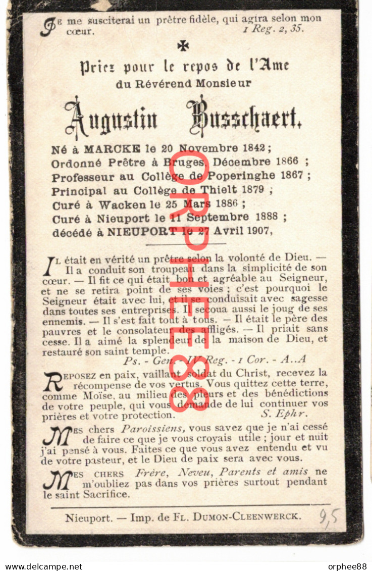 Busschaert Augustin Marke 1842 Leraar Poperinge, Tielt; Pastoor Wakken, Nieuwpoort, + 1907 - Esquela