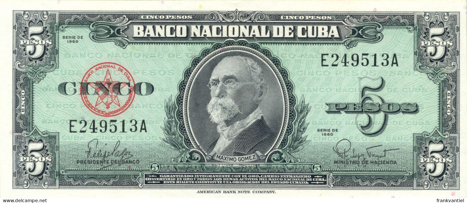 Cuba P-92 5 Pesos 1960 UNC - Cuba