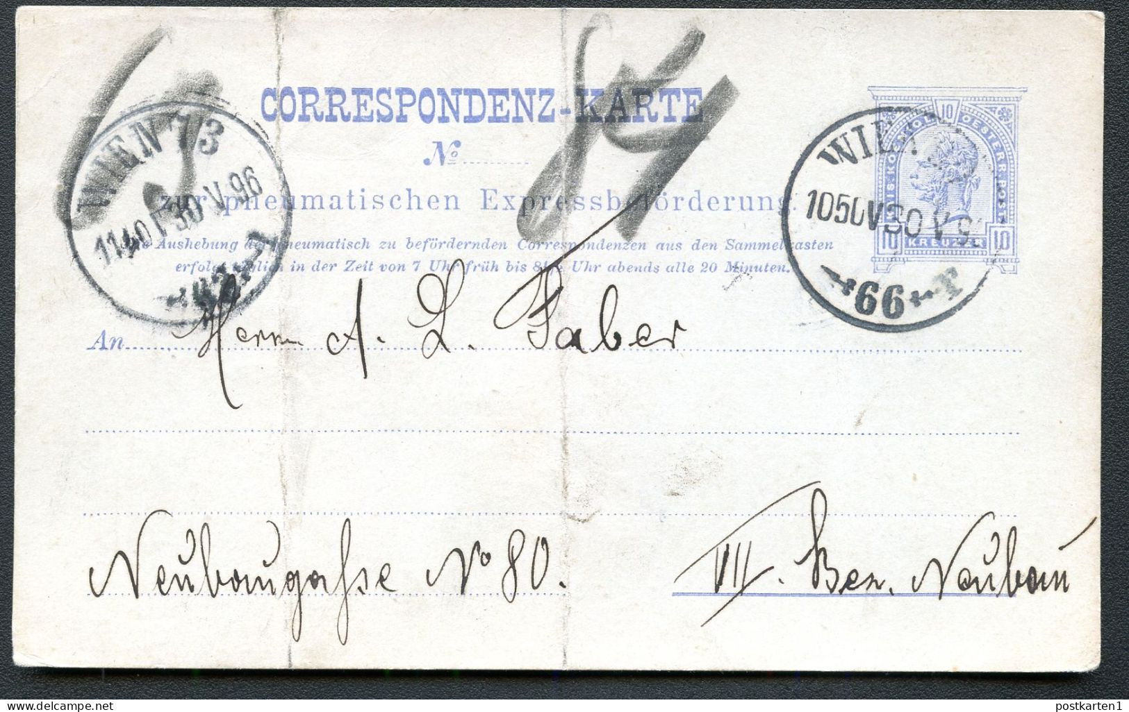 Rohrpost-Postkarte RP14bI Wien 9/1 1896 Kat.10,00€ - Briefkaarten