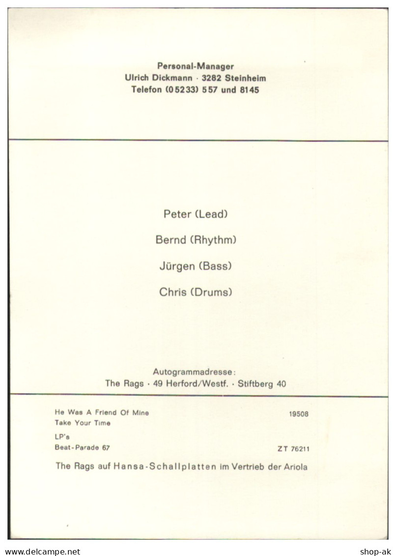 C6273/ The Rags Aus Herford Beatband Autogrammkarte 17 X 12,5 Cm 60er Jahre - Andere & Zonder Classificatie