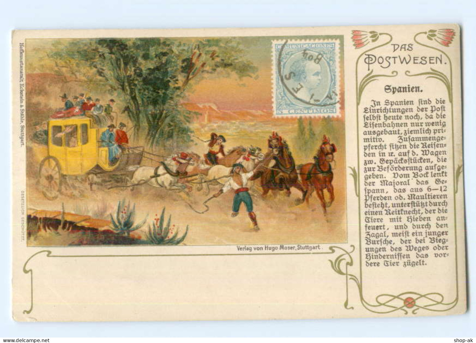 T7572/ Das Postwesen   Spanien   Postkutsche Litho Ak  Ca.1900 - Post & Briefboten