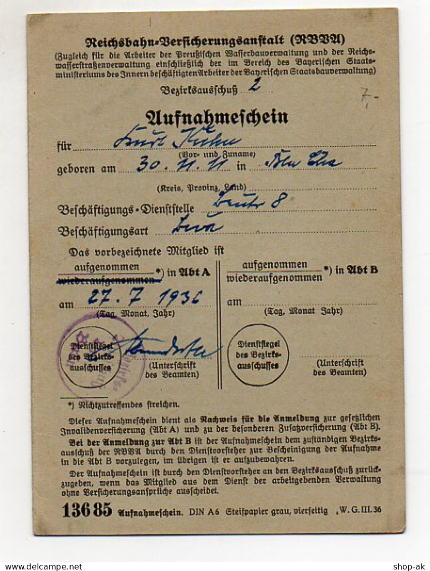 Y6296/ Aufnahmeschein Reichsbahn-Versicherungsanstalt 1936  - Ohne Zuordnung