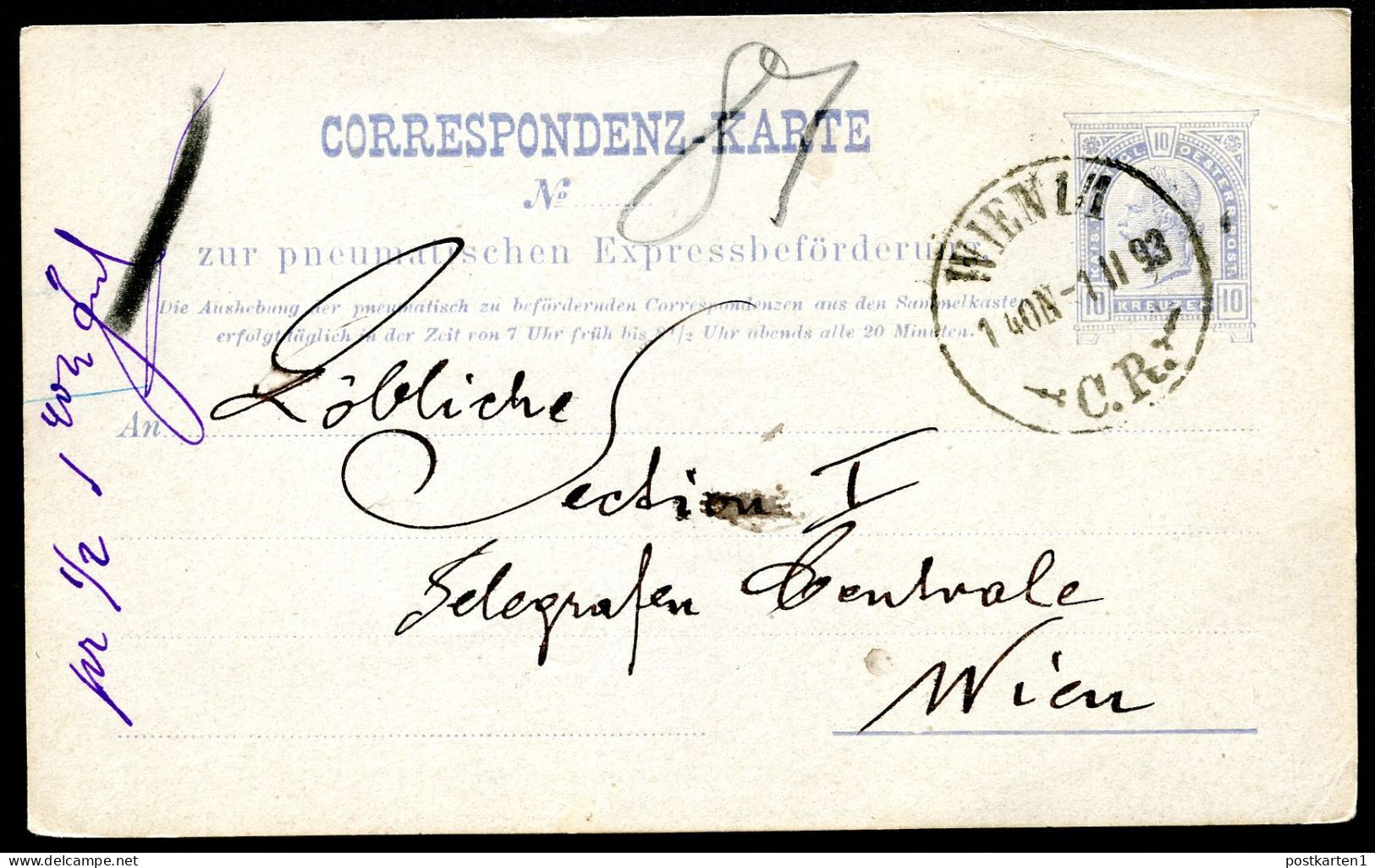 Rohrpost-Postkarte RP14bII Wien 1/1 1893 Kat.13,00€ - Cartoline