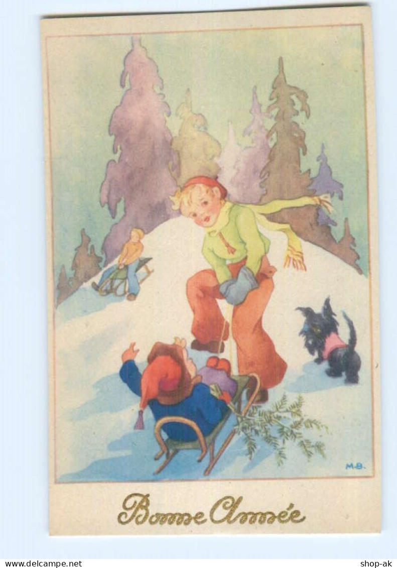 Y5562/ Bonne Annee Neujahr Kinder Rodeln Schlitten AK Ca.1950  - Anno Nuovo