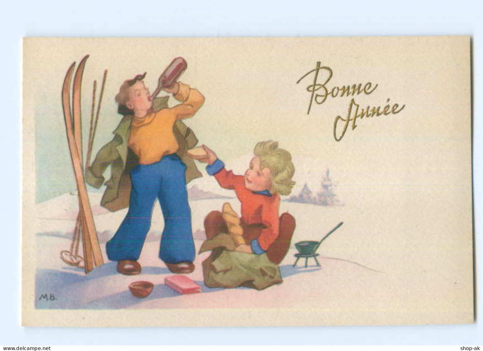 Y5553/ Bonne Annee Neujahr Kinder Skifahren AK Ca.1950  - Anno Nuovo