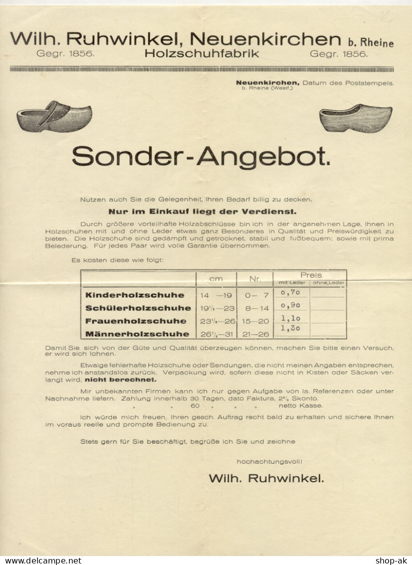 C2411/ W. Ruhwinkel Neuenkirchen B. Rhein Holzschuhfabrik Werbeblatt Ca.1930  - Werbung