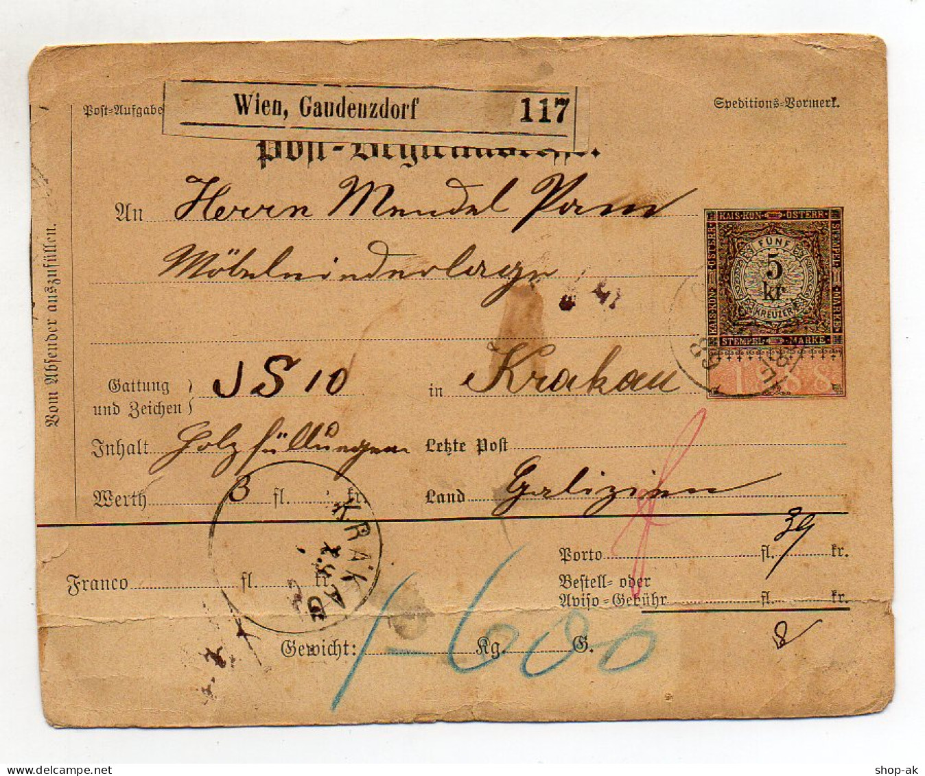 C2401/ Post-Begleitadresse ( Paketkarte ) Wien Gaudenzdorf 1889 - Non Classificati