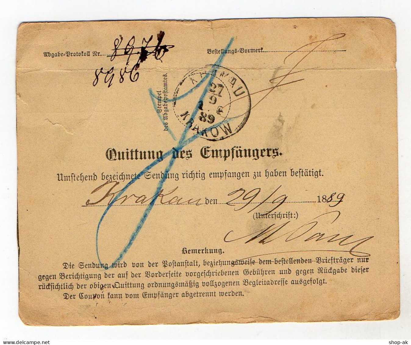 C2401/ Post-Begleitadresse ( Paketkarte ) Wien Gaudenzdorf 1889 - Unclassified