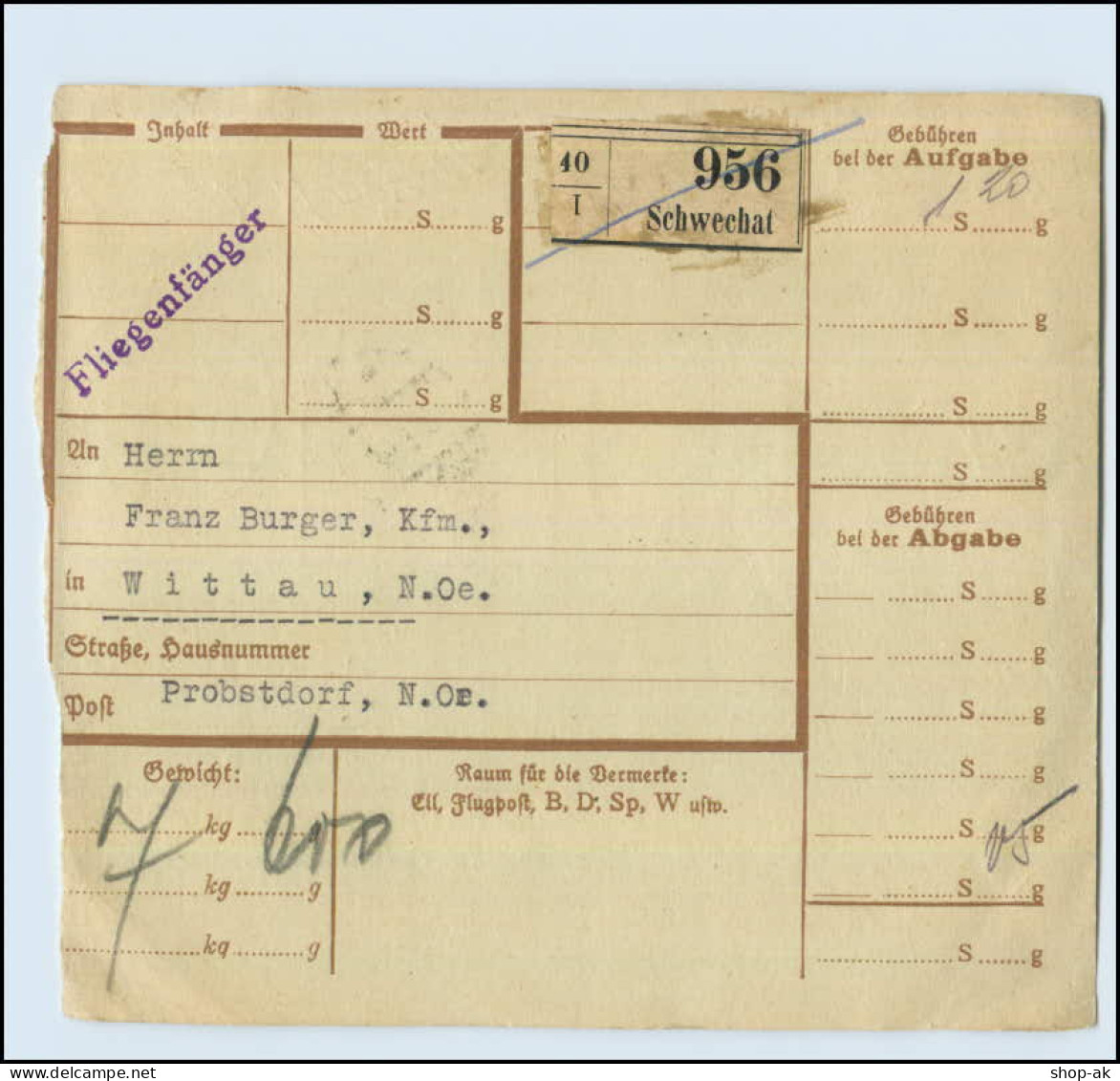 Y4445/ Paketkarte Aufgabeschein  Schwechat 1935  - Non Classificati