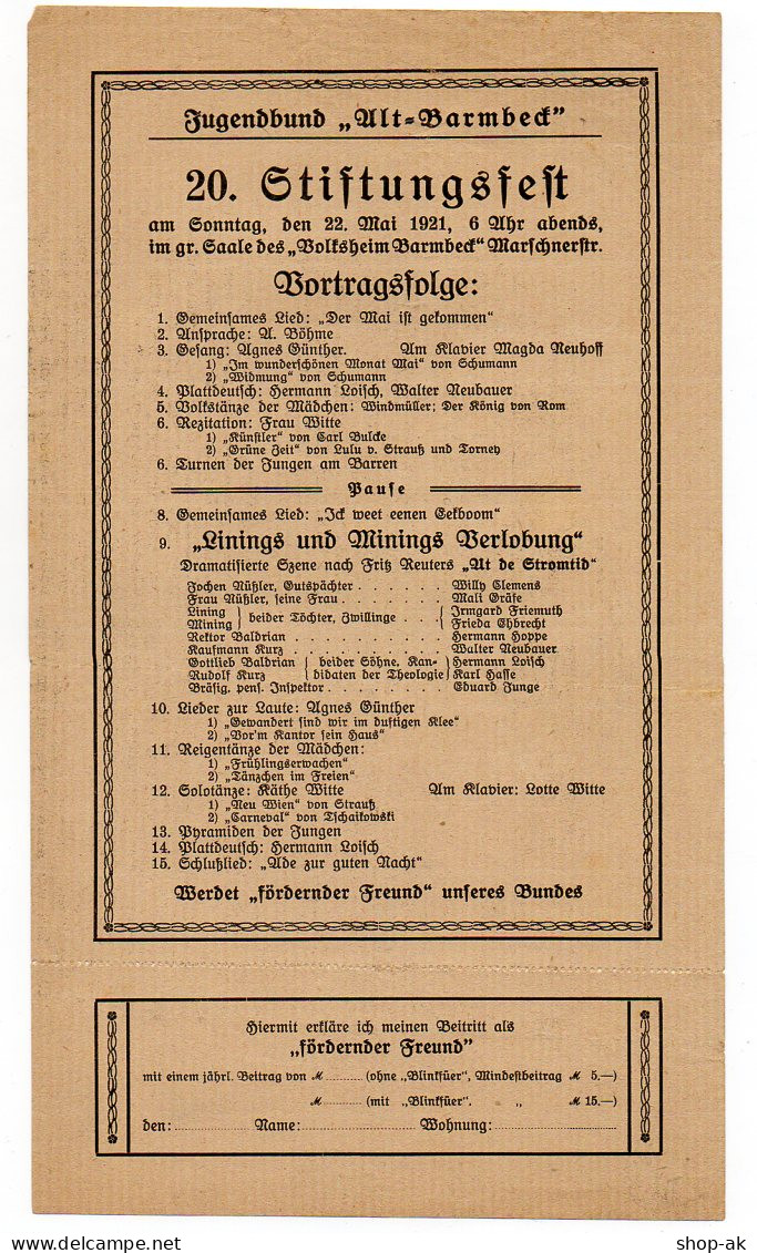 C2348/ Jugendbund Alt-Barmbeck Hamburg 20. Stiftungsfest 1921  Volksheim - Non Classés