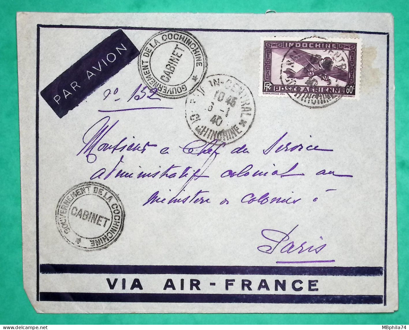 LETTRE PAR AVION INDOCHINE SAÏGON CENTRAL GOUVERNEMENT DE LA COCHINCHINE POUR PARIS 1940 WW2 COVER FRANCE - Aéreo