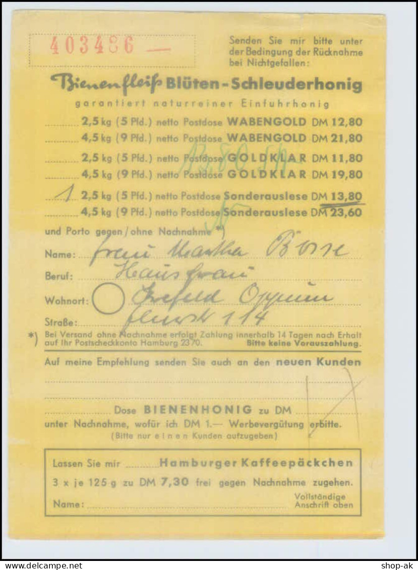 Y4171/ Honighaus Bienenfleiss Hamburg-Niendorf AK Bienen Honig 1956 AK  - Pubblicitari