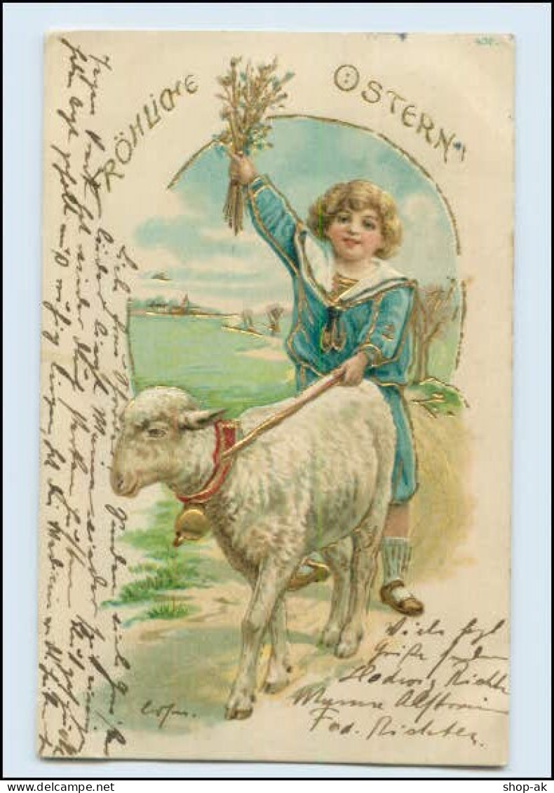 Y3521/ Ostern  Kind Und Lamm  Litho Prägedruck AK 1906 - Ostern