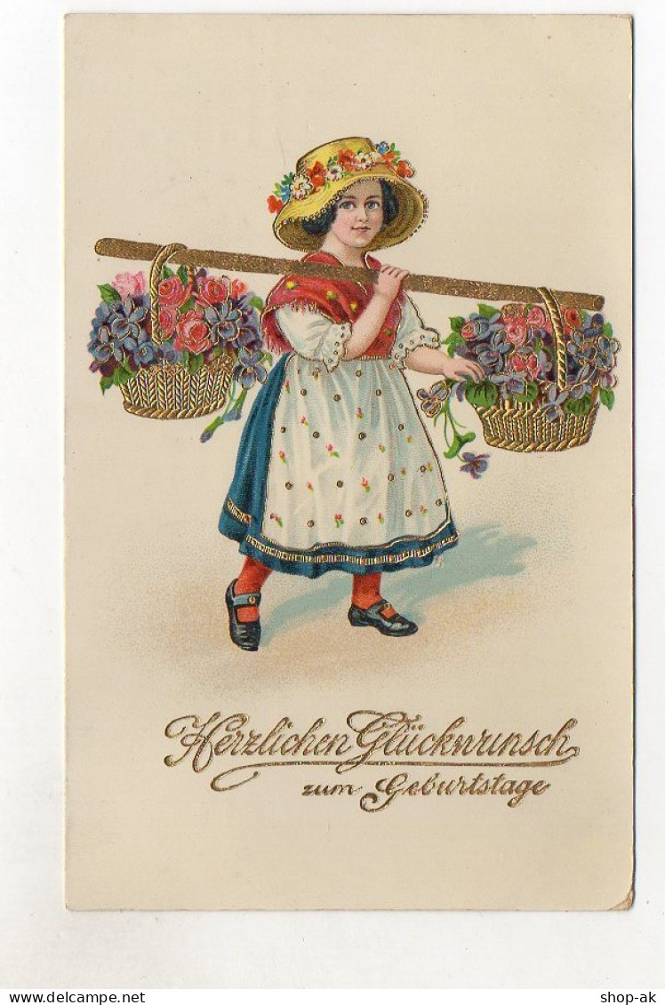 T688/ Geburtstag Litho Glanz AK  MÄdchen Mit Blumen 1914 - Birthday