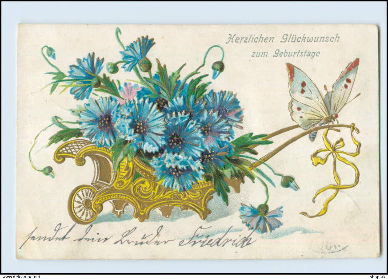 Y3264/ Geburtstag  Schmetterling Kornblumen Litho Präge AK 1906 - Compleanni