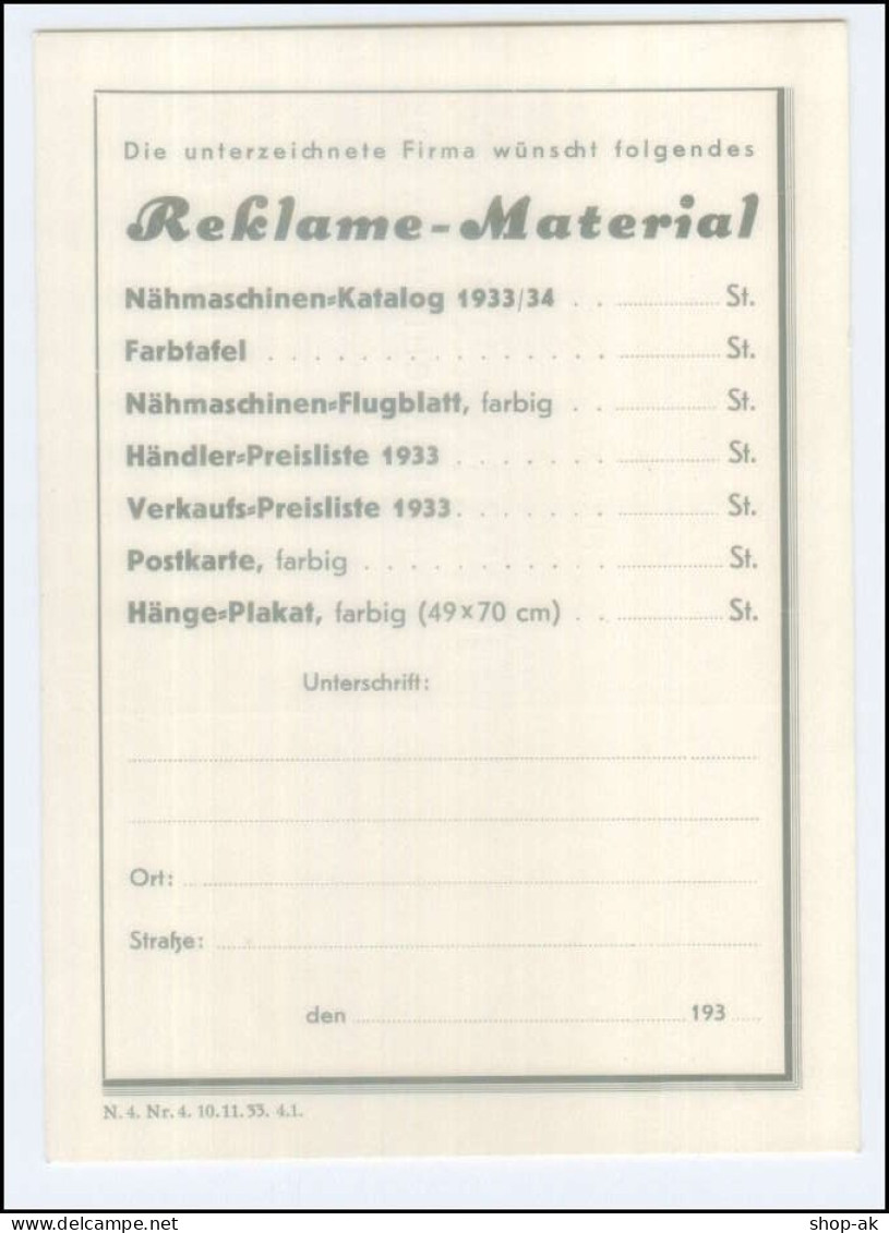 N9400/ Junker & Ruh AG  Nähmaschinen KarlsruheBestell Ak 1933 - Advertising