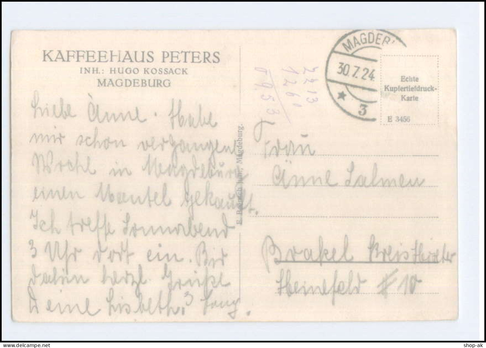 N8987/ Magdeburg Kaffeehaus Peters AK 1924 - Altri & Non Classificati