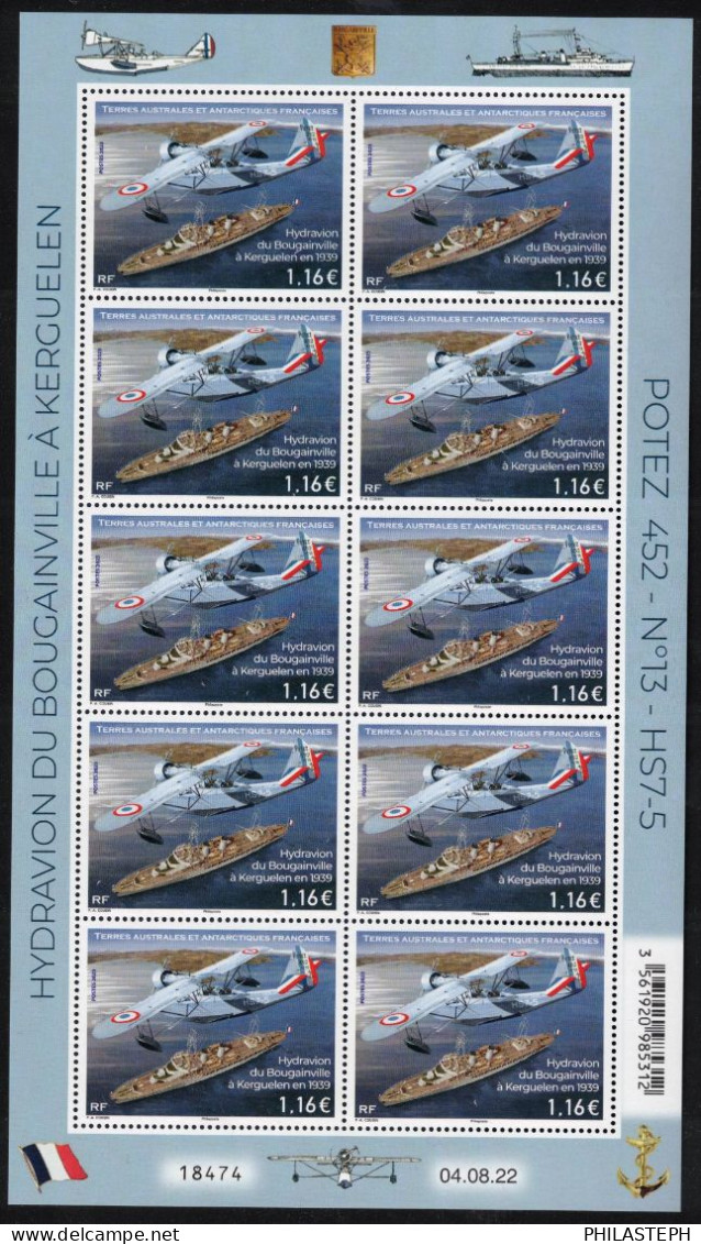 TAAF 2023 - Bloc Feuillet De 10 Hydravion Du Bougainville à Kerguelen En 1939 - POTEZ 452 - N° 13 - HS7-5  - Neuf ** - Unused Stamps