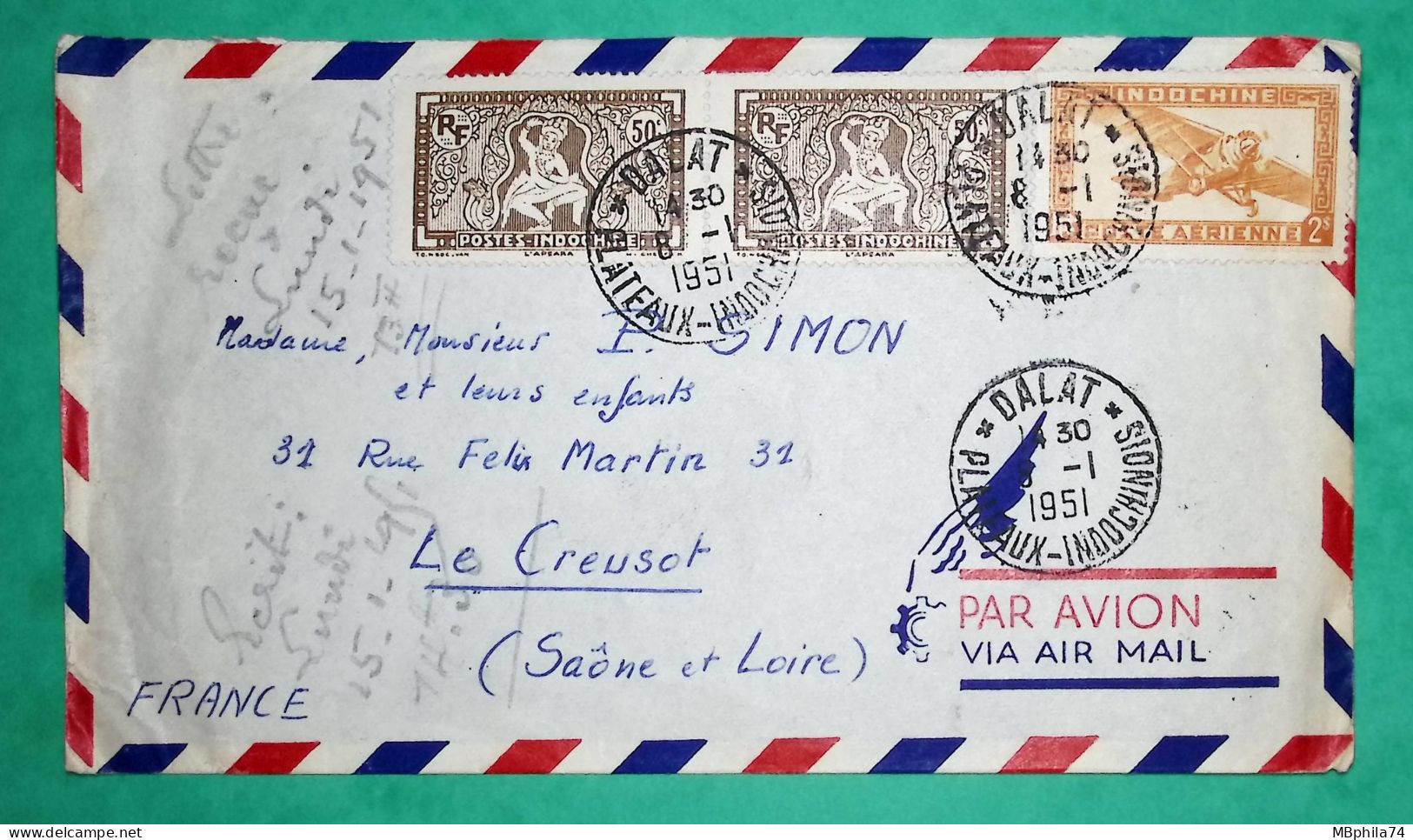 LETTRE PAR AVION DALAT INDOCHINE POUR LE CREUSOT SAONE ET LOIRE 1951 COVER FRANCE - Luftpost