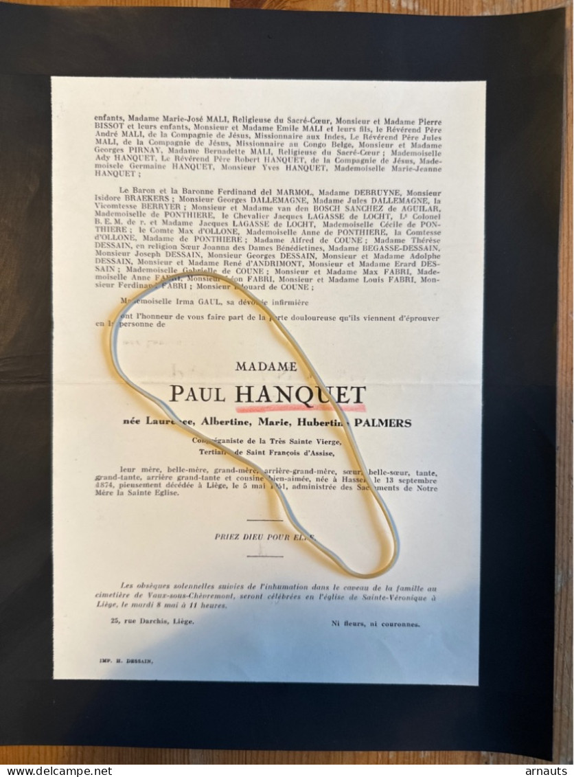 Madame Paul Hanquet Nee Laurence Palmers *1874 Hasselt +1951 Liege Dallemagne Regout De Brouwer Gourdet Hennekinne - Esquela