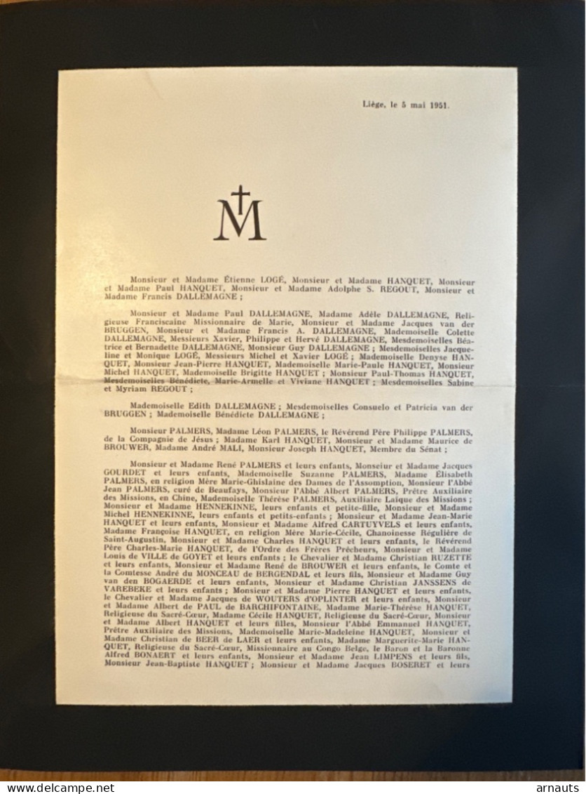 Madame Paul Hanquet Nee Laurence Palmers *1874 Hasselt +1951 Liege Dallemagne Regout De Brouwer Gourdet Hennekinne - Décès