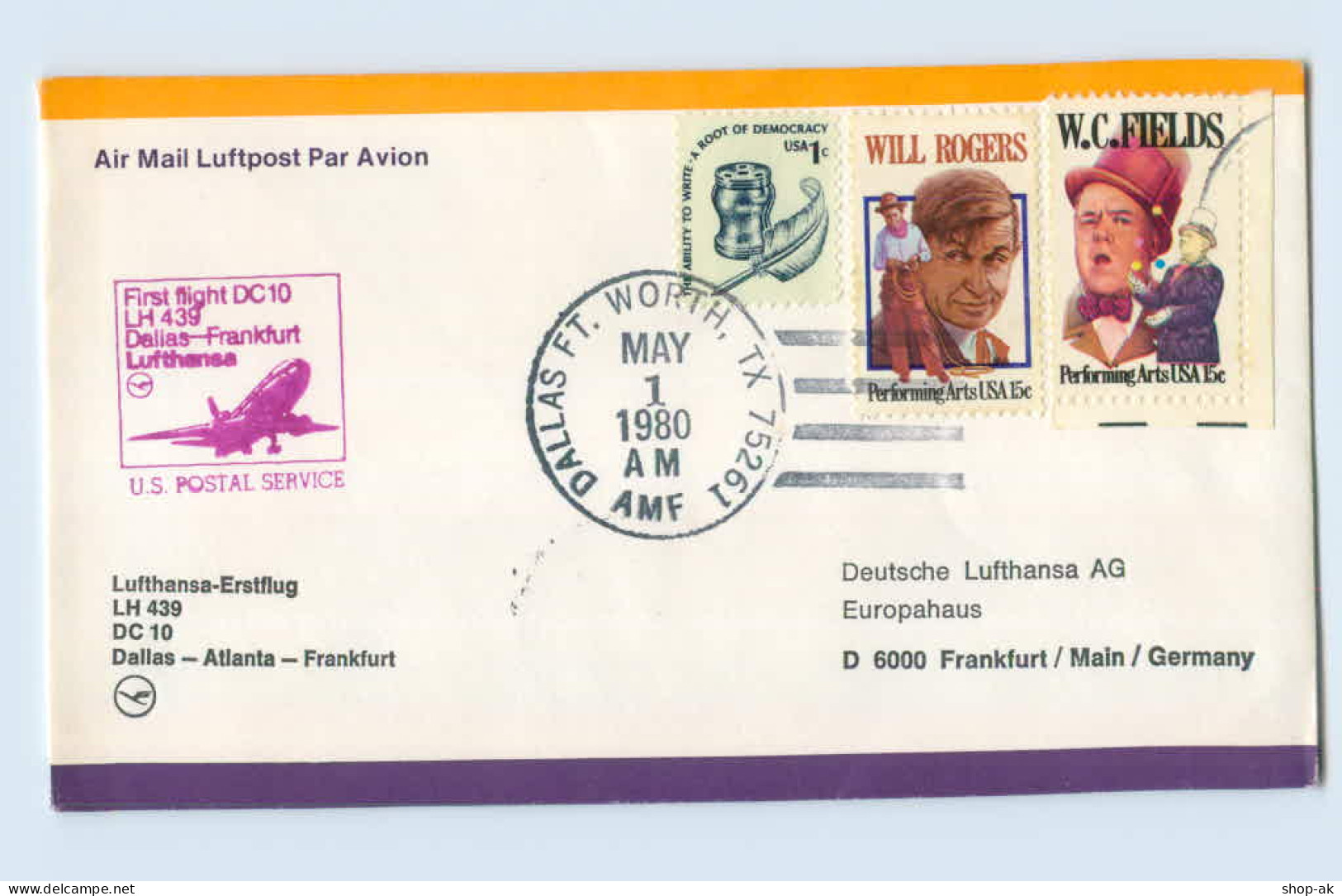 W9V71/ Ersttagsbrief Lufthansa LH 439 DC 10  Dallas - Atlanta - Frankfurt 1980 - Andere & Zonder Classificatie