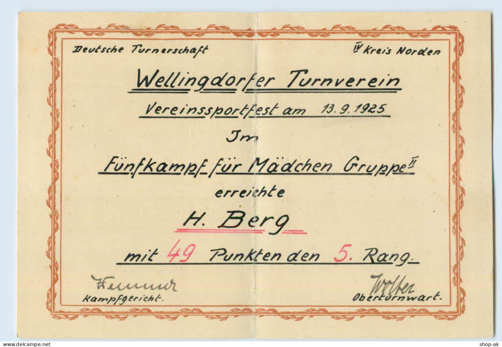 X1B27/ Kiel Wellingdorf  Sieger Urkunde Turnen Turnverein 1925 - Kiel