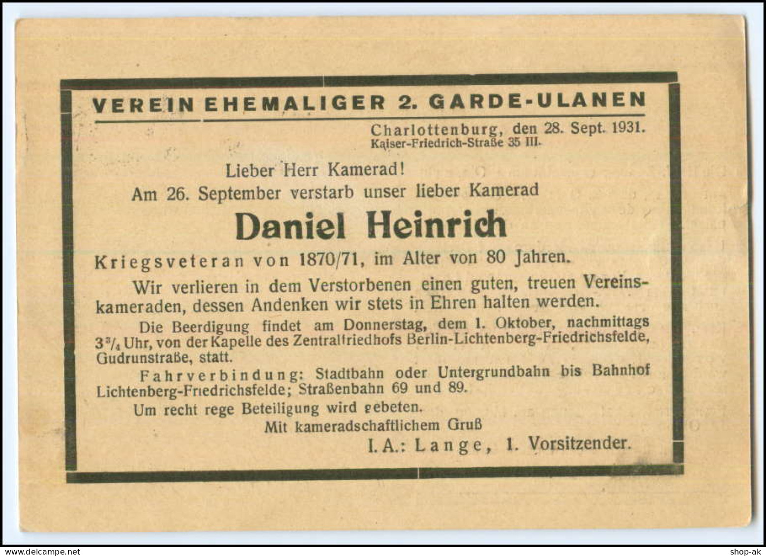 Y1930/ Verein Ehemaliger 2. Garde-Ulanen  Todesmitteilung 19341 AK Berlin - Guerra 1914-18