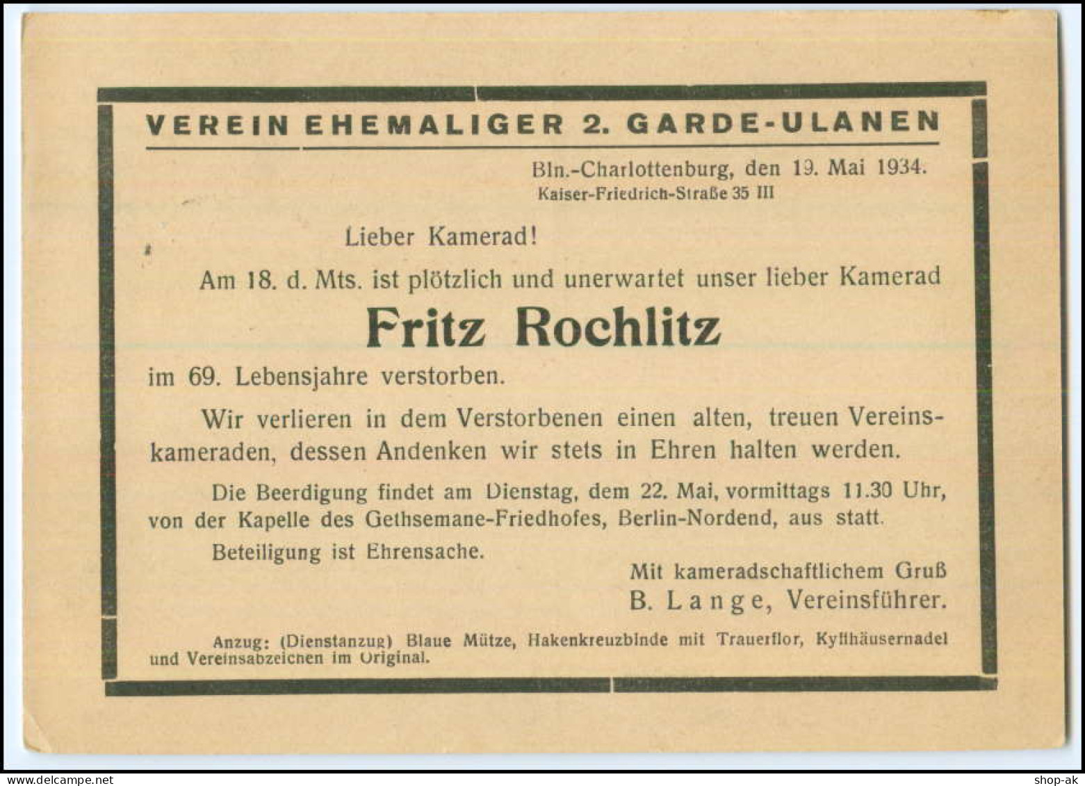 Y1929/ Verein Ehemaliger 2. Garde-Ulanen  Todesmitteilung 1934 AK Berlin - Oorlog 1914-18