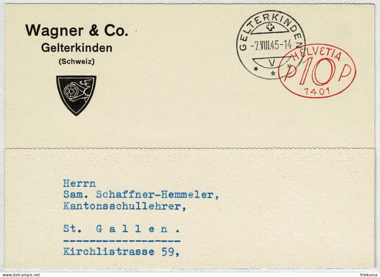 Schweiz 1945, Postkarte Freistempel / EMA / Meterstamp Oval Wagner Gelterkinden - St. Gallen - Postage Meters