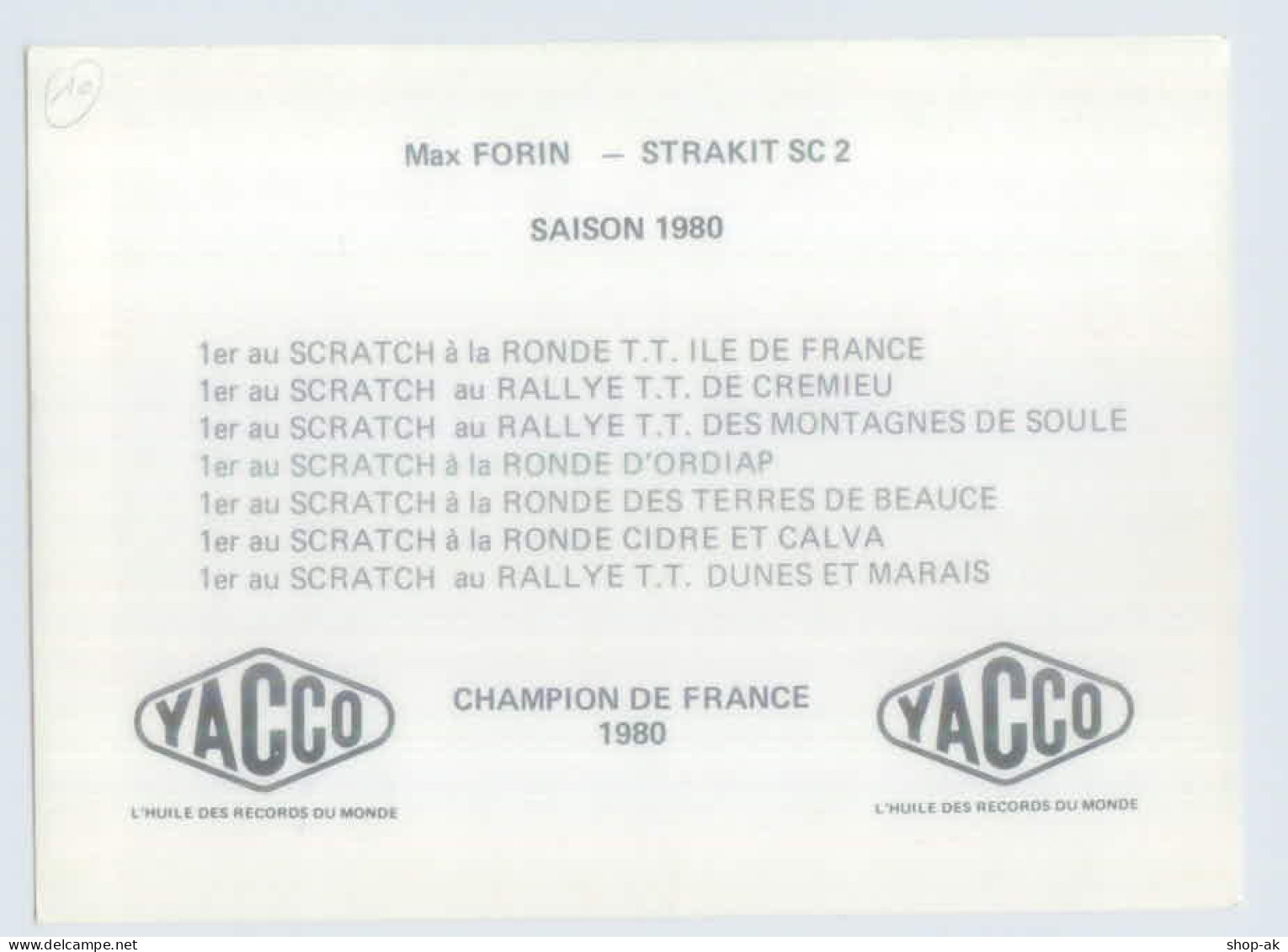 W9V10/ Ralley Max Forin Champion De France 1980 Yacco - Sonstige & Ohne Zuordnung