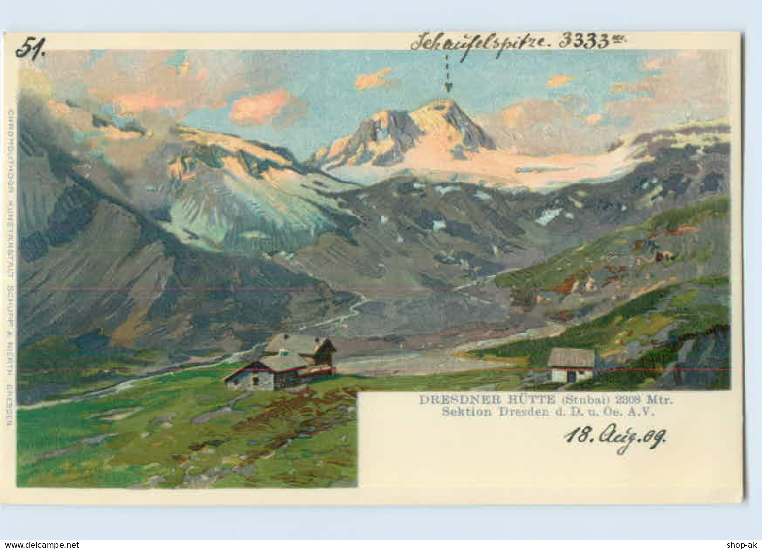 L751/ Dresdner Hütte Stubai Berghütte Litho AK 1909 - Andere & Zonder Classificatie