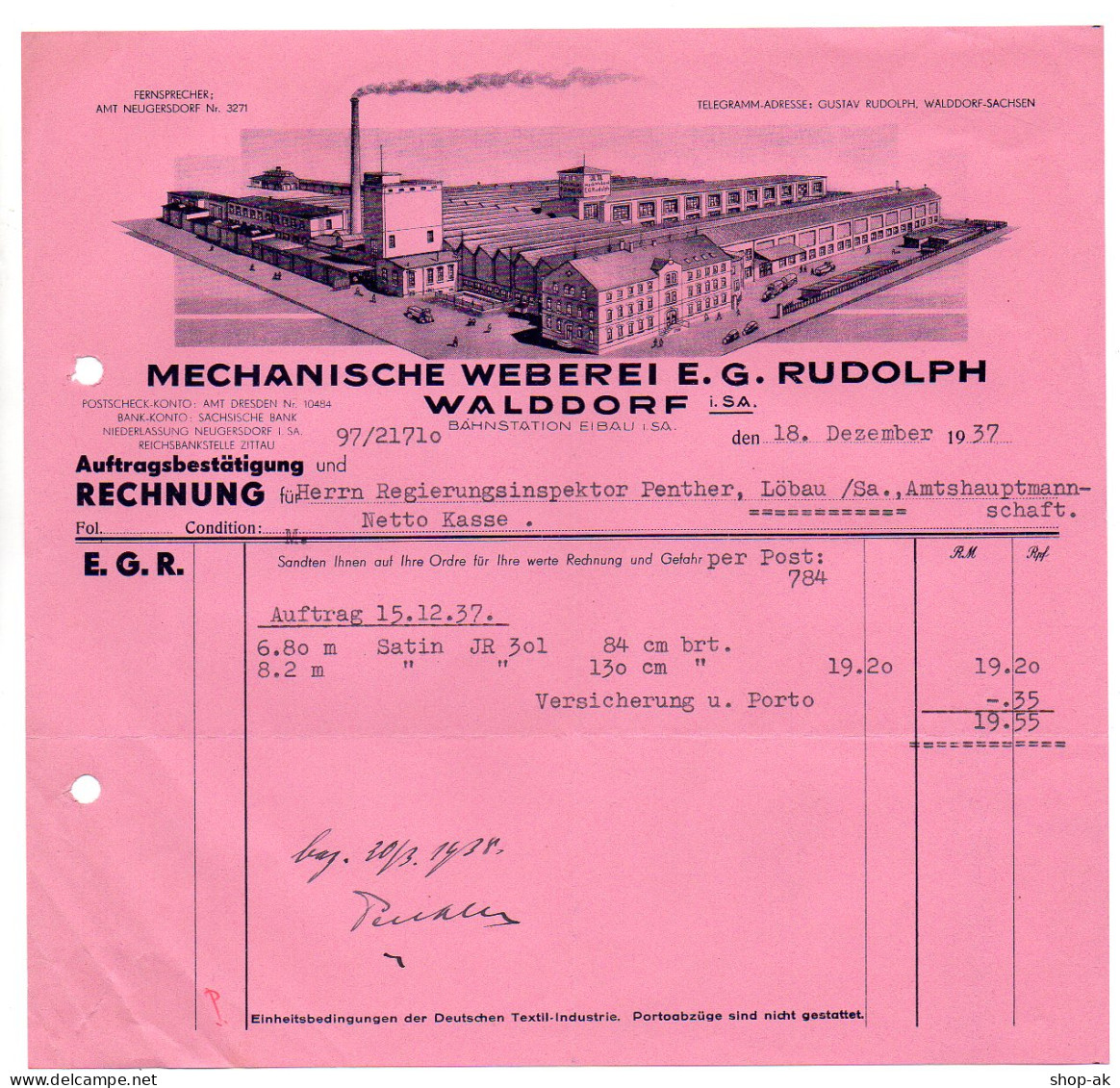 C845/ Rechnung Weberei Rudolph, Waldorf  I. Sa. 1937 - Sonstige & Ohne Zuordnung