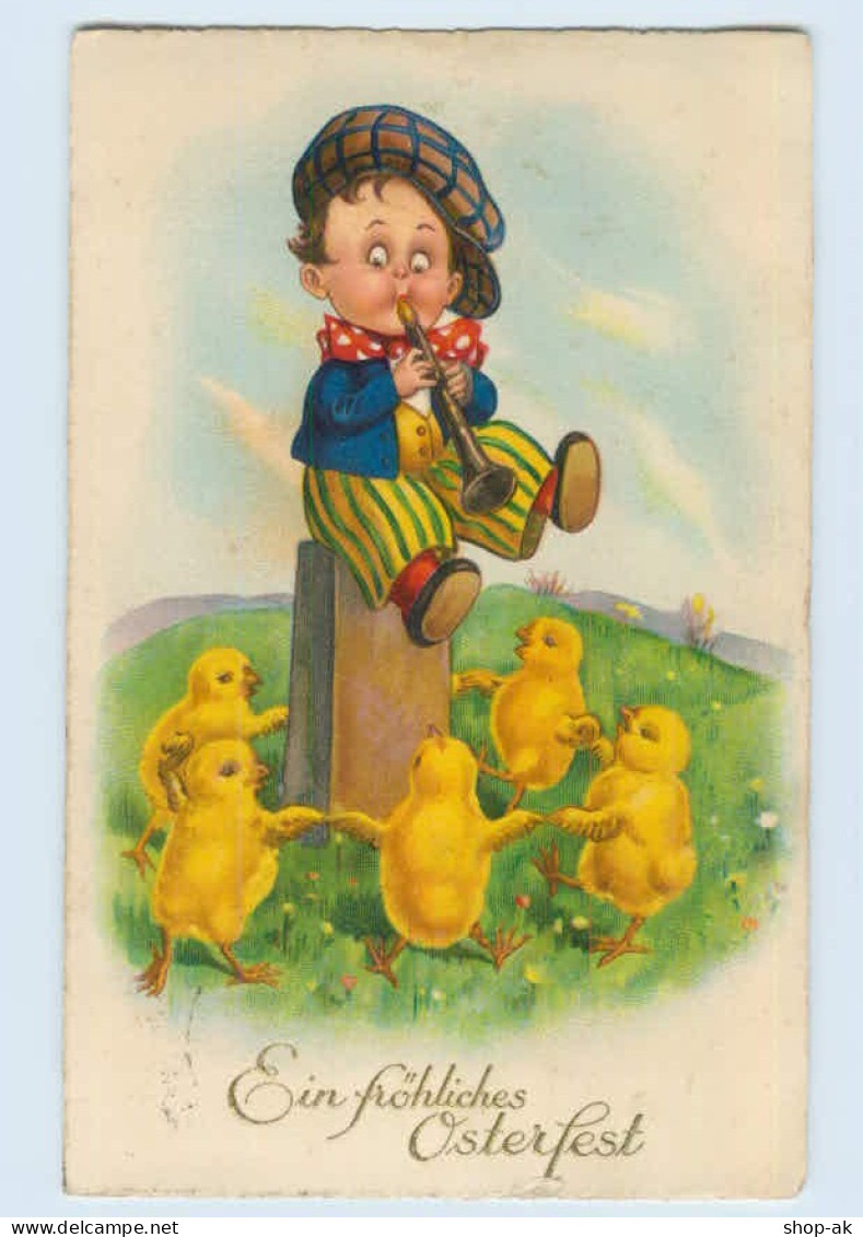 X1J03/ Ostern Junge Spielt Flöte Und Küken Tanzen Litho AK 1929 - Easter