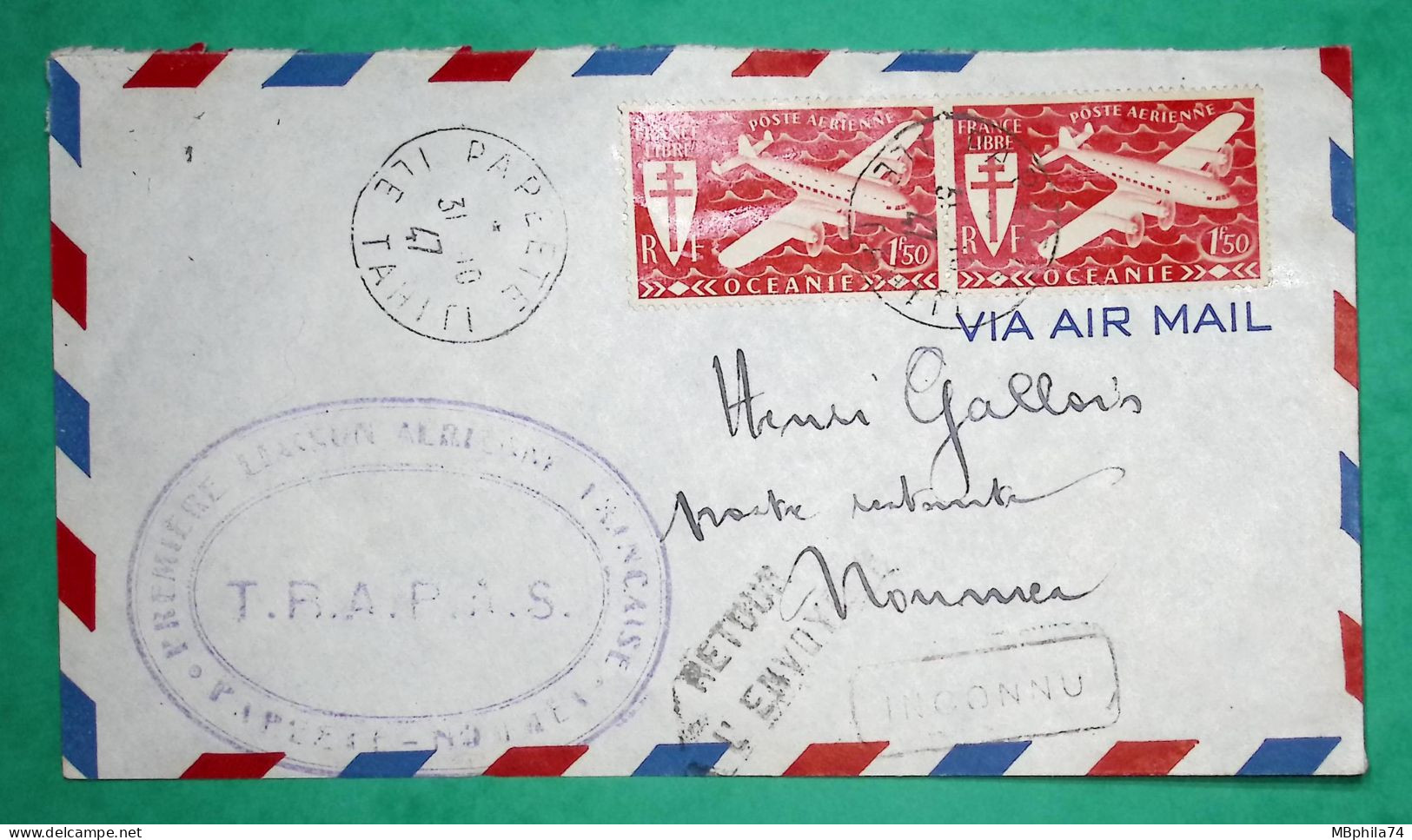 LETTRE PAR AVION PAPEETE TAHITI POUR NOUMEA NOUVELLE CALEDONIE RETOUR ENVOYEUR 1947 LETTRE COVER FRANCE - 1927-1959 Storia Postale