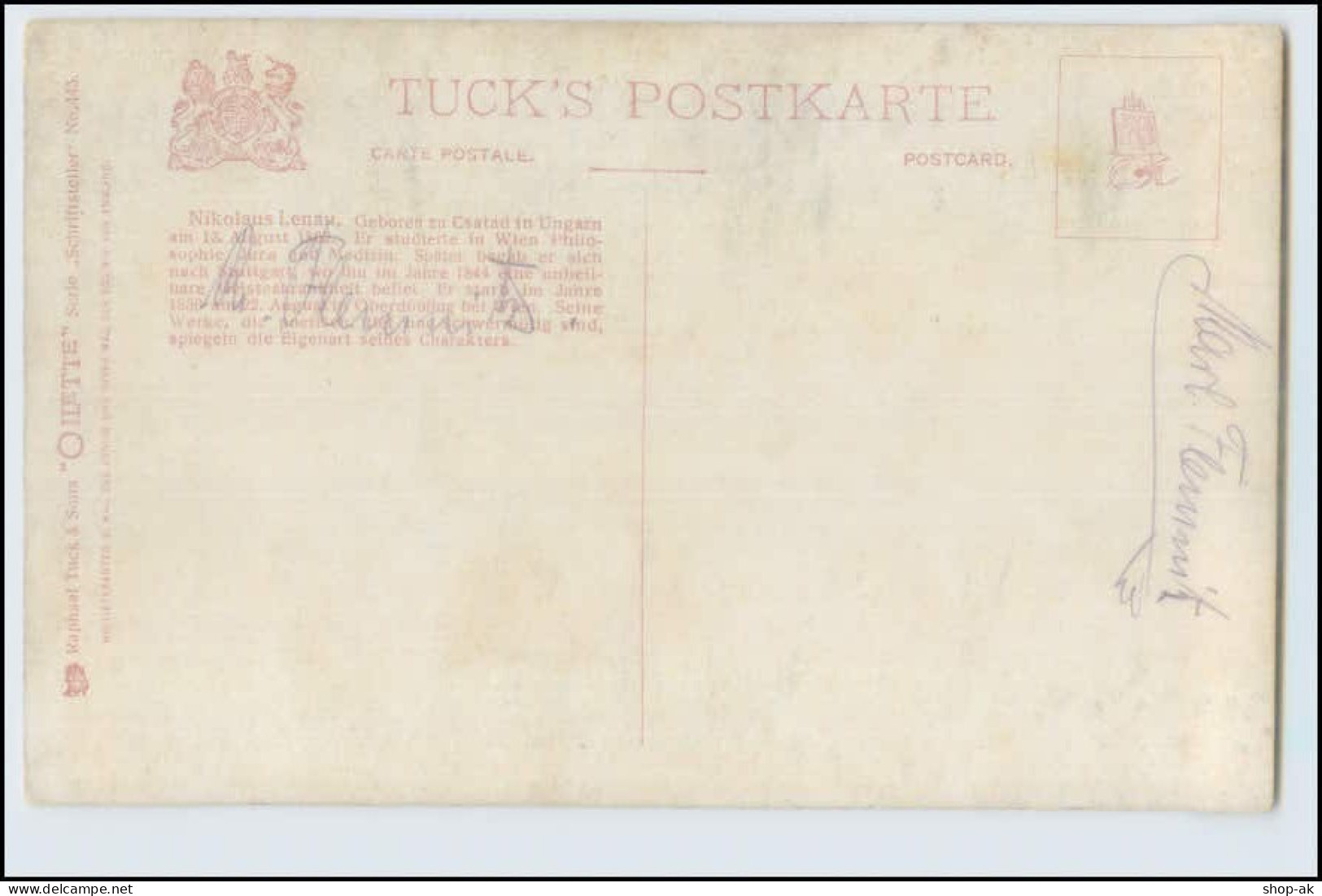W5G87/ Schriftsteller Tuck`s AK Nikolaus Lenau  Ca.1910 - Altri & Non Classificati