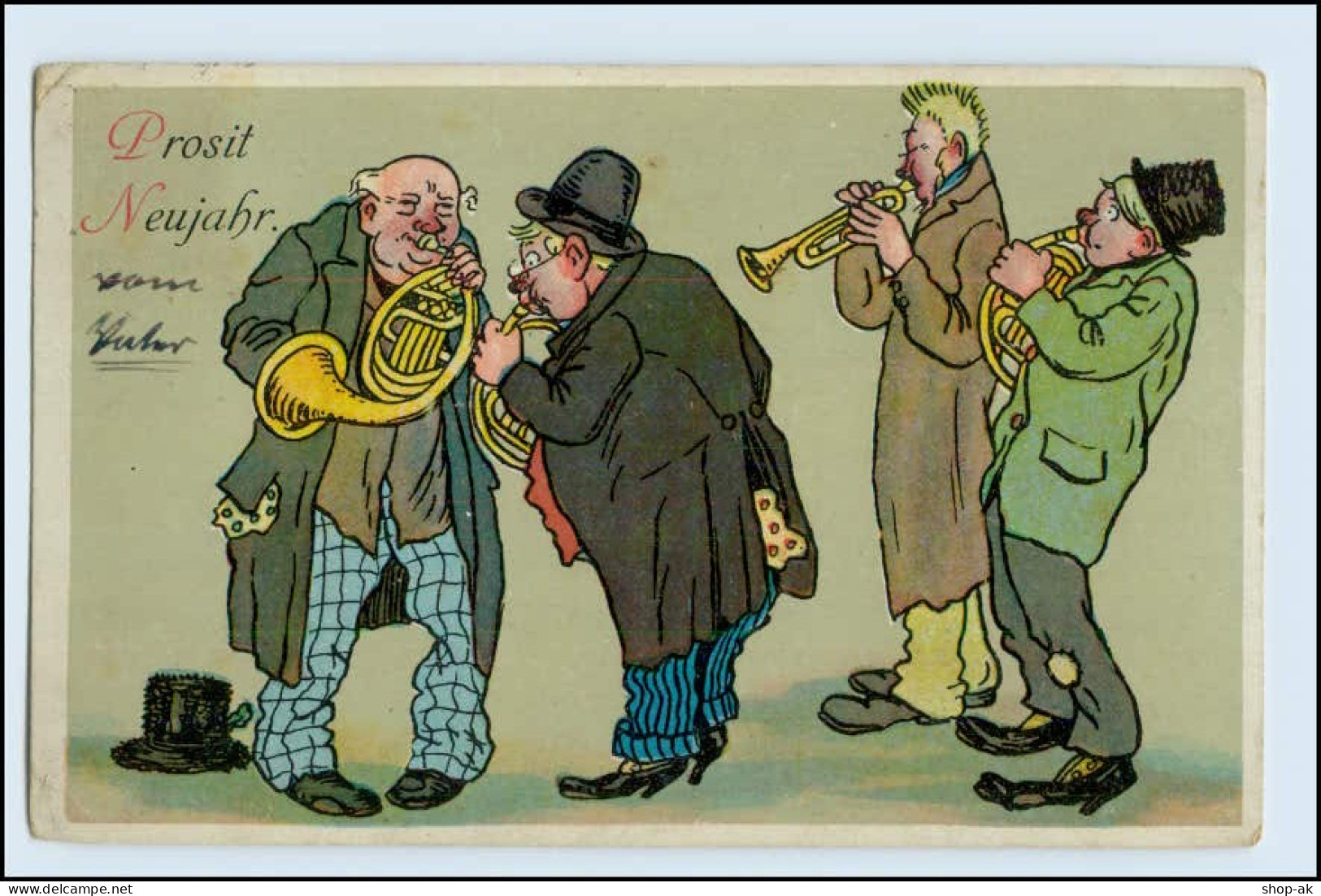 W3T57/ Neujahr Männer Musizieren Mit Trompete U. Horn  Litho AK 1913 - Año Nuevo