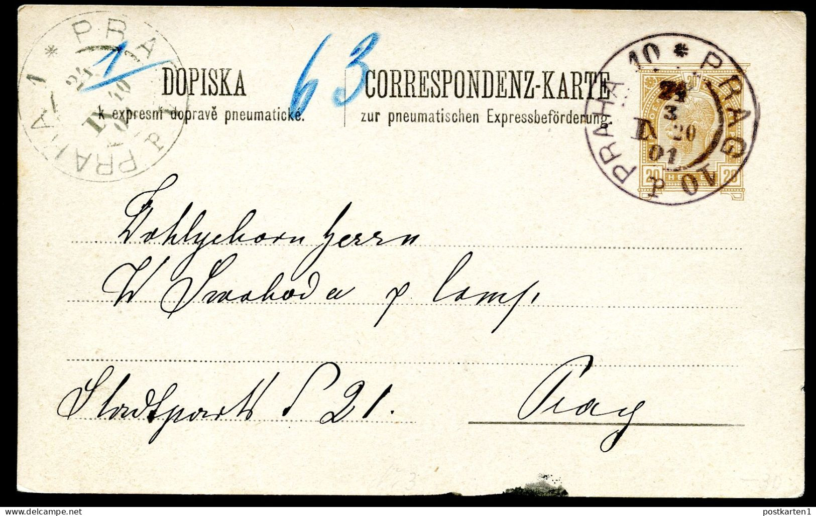 Rohrpost-Postkarte RP20 Prag 10 1901 Kat. 60,00€ - Tarjetas