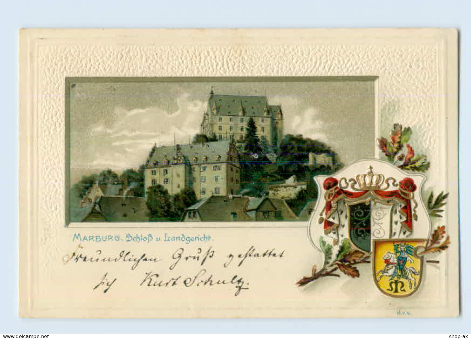 L064-3550/ Marburg Schöne Litho Prägedr. Wappen AK 1900 - Autres & Non Classés