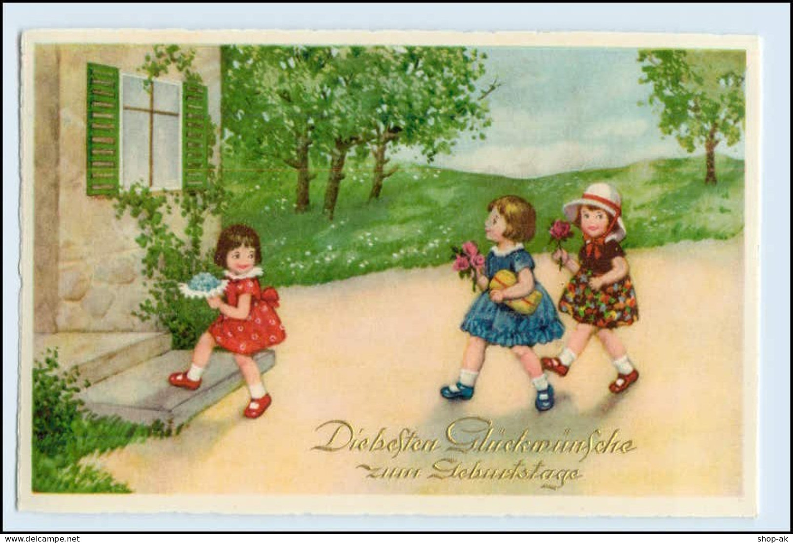 W1B13/ Geburtstag Mädchen Kinder Mit Blumen AK Ca.1930 - Birthday
