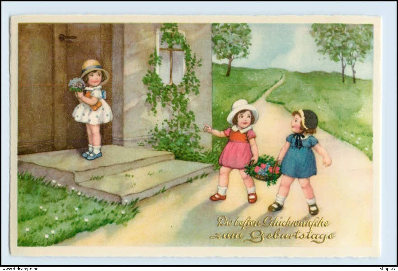 W1B10/ Geburtstag Mädchen Kinder Mit Blumen AK Ca.1930 - Birthday