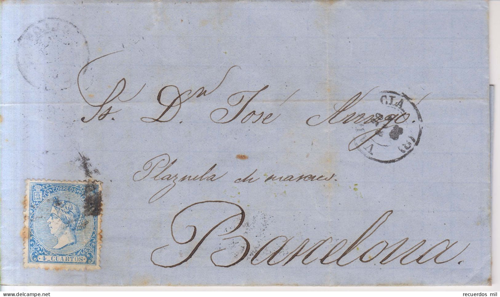 Año 1866 Edifil 81  4c  Isabel II Carta  Matasellos Rejilla Valencia 8 Mariano Rubio - Covers & Documents
