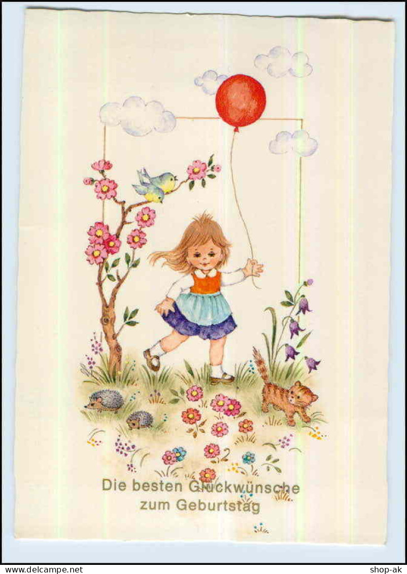 P3C35/ Geburtstag Mädchen Mit Luftballon Katze Igel AK Ca.1960 - Anniversaire